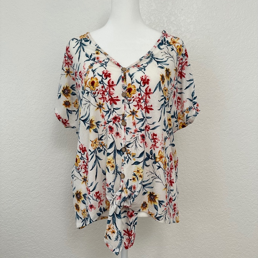 Lavish Boho Floral Top Womens Medium White Stretch Blouse Tie Front Coquette